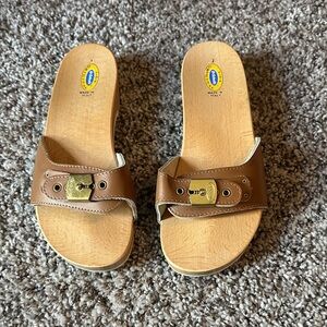 Dr. Scholl’s Brown Leather Slide Sandals with Gold Buckle
